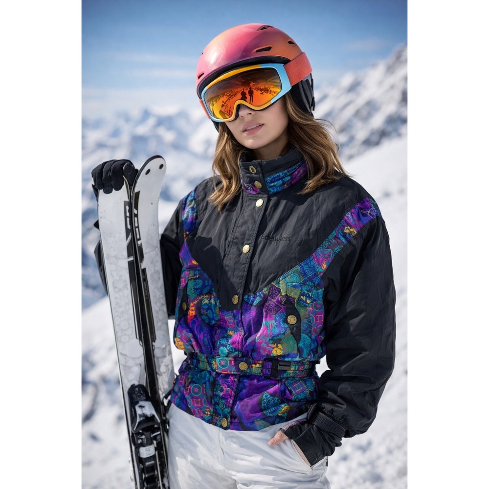 Vintage‎ Edelweiss Ski Jacket Women's Medium Retro Colorful Quilted Belted Apres
